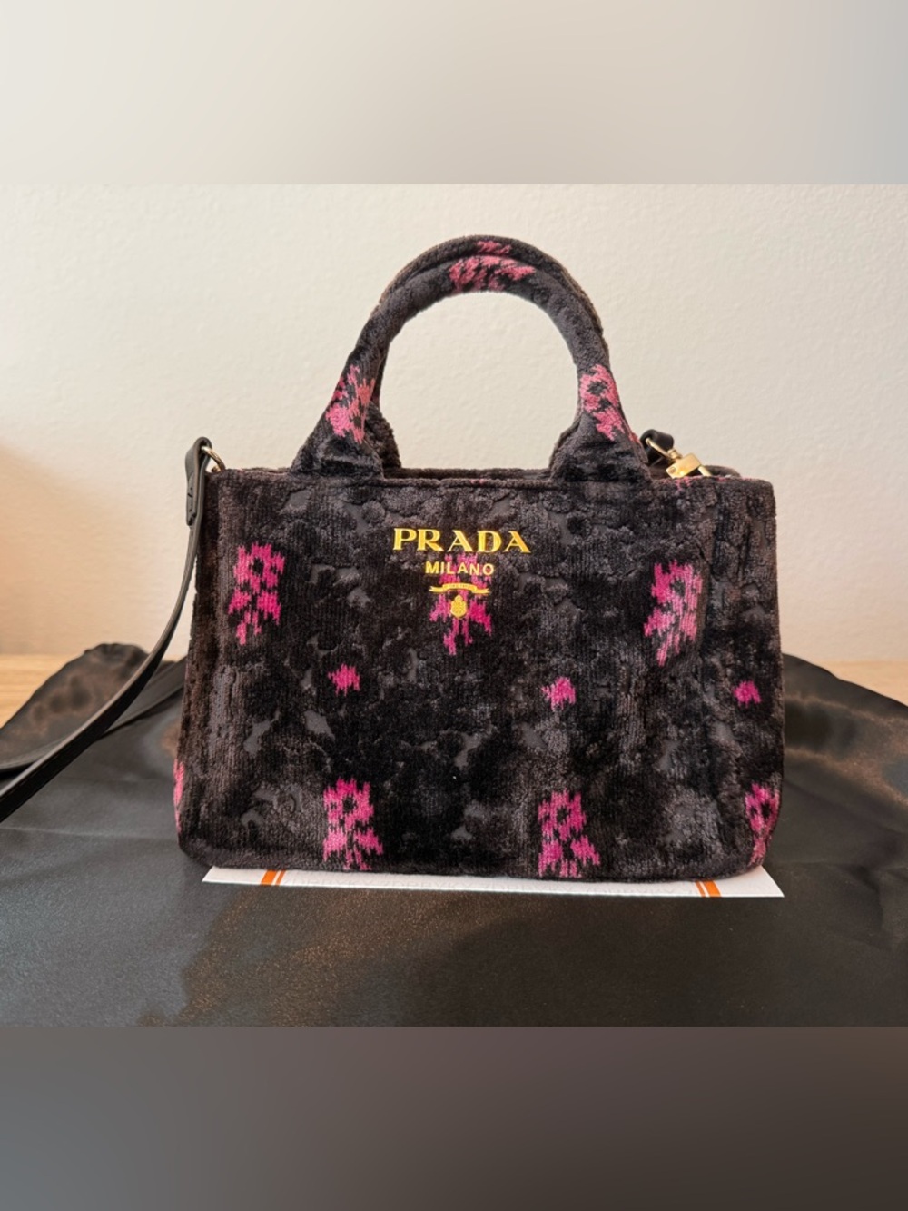 Prada Canapa Velvet Floral Print Crossbody Tote Bag w/ COA